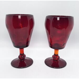 2 Paden City Water Goblets Red Amberina Popeye & Olive Footed Water Goblets Vtg